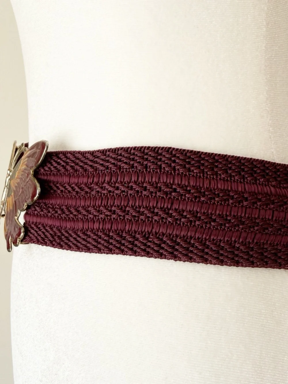 Vintage 80s Burgundy Enamel Butterfly Buckle Elastic Waist Textured Belt Size XL - Picture 7 of 15